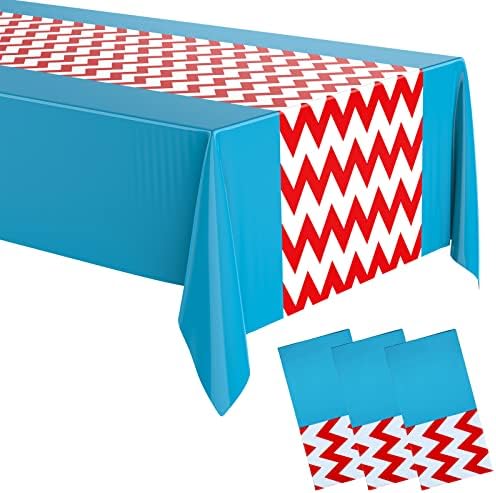 Irenare 3 Pcs Striped Tablecloth Disposable Plastic Tablecloth 54 x 108 Red and White Striped Blue Decorations Table Cover Baby Shower Party Decorations for Camping Birthday Wedding
