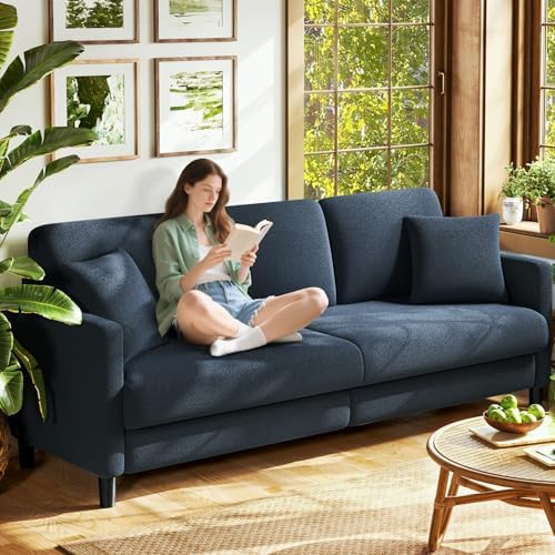 83" Sofa Couch, Comfy Couches for Living Room, Teddy Fleece Sofas for Living Room, Tool-Free Setup Loveseat Sofa, All-Wood Love Seat Couches, Small Couch 2 Pillow Included, Blue Grey