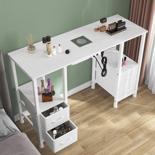 Manicure Table for Nail Tech, Nail Tech Table Station w/4 Storage Drawers & 2 Open Shelves, Nail Table w/Dust Collector for Beauty Salon Tech Station (White)