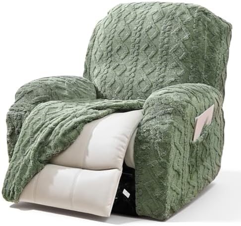 vctops Christmas Green 4 Pieces Geometric Jacquard Plush Recliner Slipcovers Soft Fuzzy Fluffy Sofa Couch Cover Anti-Slip Furniture Protector with Elastic Bottom for Kids Cats Dogs(Green,1 Seat)