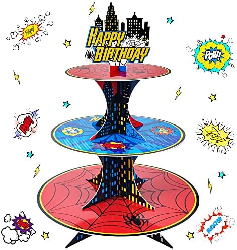 3 Tier Spider Cupcake Stand Superhero Spider Party Decorations Supplies for Kids Boys Themed Birthday Party