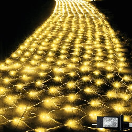 Lovelite 610 LED Christmas Net Lights, 34.5ft x 5ft Mesh Lights Outdoor Clear Wire 8 Modes, Waterproof Connectable String Lights Plug in for Bushes Xmas Tree Garden Holiday Party Decor - Warm White