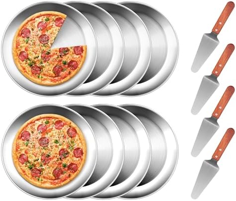 tchrules 12 Inch Pizza Pan Set of 8, Stainless Steel Pizza Tray, Round Non-Stick Coating Pizza Plate for Oven Kitchen Baking Home Restaurant, Dishwasher Safe （Silver）