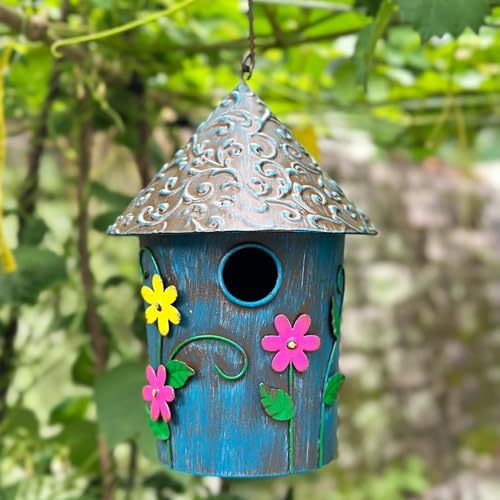 9.25" H Metal Hanging Decorative Birdhouse for Hummingbird with Paint - Bird Houses for Outside, Birdhouses for Outdoors, Bluebird Houses for Outside for Yard, Garden, Backyard. (Blue)