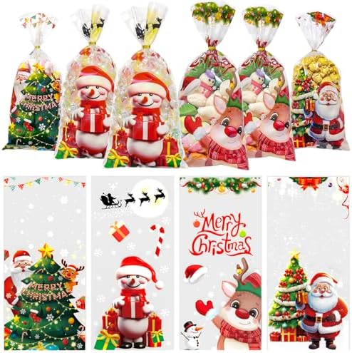 QOIUSO 60 Pcs Christmas Treat Bags with Ties – 4 Festive Designs Clear Cellophane Holiday Gift Bags for Candy, Cookies, Goodies & Party Favors