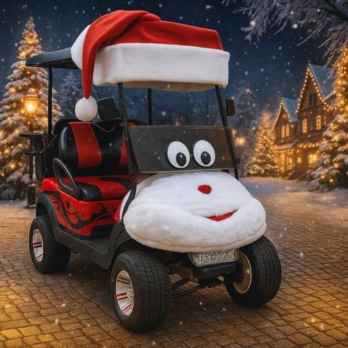 Timtin 6 Set 8 Pcs Christmas Golf Cart Decoration Kit Christmas Golf Cart Accessories Large Santa Hat Car Cover Extra Large Movable Eyes Snow Cotton Red Balls with Card Tape for Truck Handcart