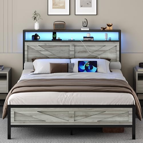 Queen Bed Frame with Headboard, Queen Bed Frames with Outlets and LED Lights, Rustic Bed Frame with Storage Headboard, Farmhouse Barn Door Design, Noise Free, No Box Spring Needed, Wash Grey