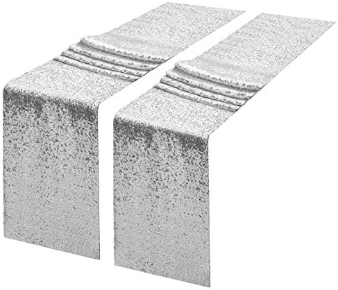 2 Packs 12 x 108 inches Silver Sequin Table Runner, Glitter Silver Table Runner for Wedding Birthday Bachelorette Holiday Party Supplies Decorations Bridal Shower Baby Shower