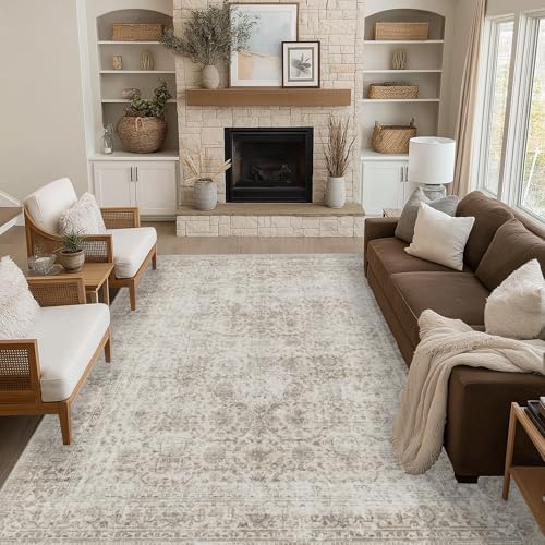 FMFUNCTEX 8x10 Washable Area Rug Beige Vintage Neutral Distressed Large Non Slip Carpet for Living Room Bedroom Soft Low Pile Indoor Mat Retro Floral Throw Rug for Dining Room Kitchen Office Nursery