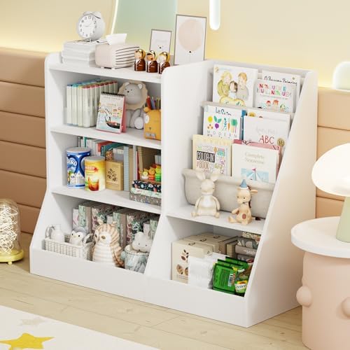 39" Large Kids Wooden Bookshelf and Toy Storage Organizer, Baby Bookcase with Sling Book Rack, Children Toddler Wooden Book Shelf for Kids Rooms, Playroom, Classroom, Nursery, School (White)