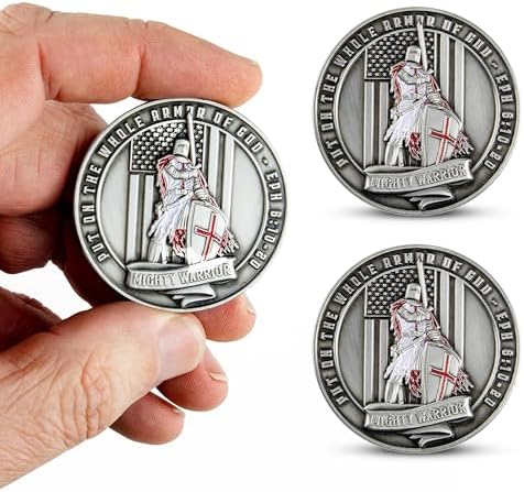 3pc Templar Knight Armor of God Challenge Coin - 1.75" Antique Silver-Plated Religious Christian Coin w/Bible Verse - Motivational Commemorative Coins - Faith Based Gifts for Collectors, Bible Study