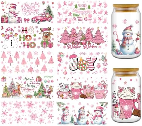 Christmas UV DTF Cup Wraps - 10 Sheets Pink Snowflake Gingerbread Man Uvdtf Decals for 16 oz Glass Water Bottle, Hello Winter Cute Snowman Elk Transfer Stickers for DIY Guitar Laptop Phone Case