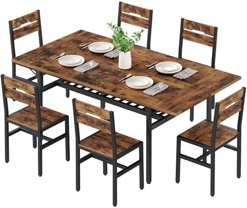 7-Piece Dining Table Set for 4-6, 63" Extendable Kitchen Table and 6 Chairs, Rectangle Dining Room Table Set for 6 with Wine Rack for Small Saving Space, Rustic Brown and Black