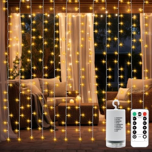 Battery Operated Curtain Lights,9.8ft×9.8ft 300 LED Curtain Lights with Remote Timer 8 Modes, Waterproof Hanging Fairy Lights for Outdoor Indoor Wedding Christmas Decor (Warm White)