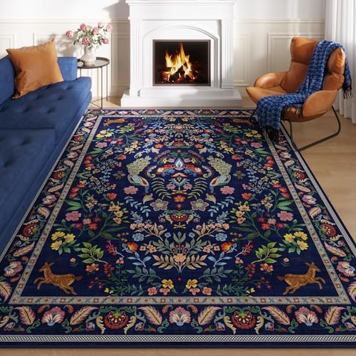 Rugcomf 9x12 Area Rugs for Living Room Washable Rug Floral Non-Slip Large Rug for Living Room, Bedroom, Farmhouse, Dining Room, Kids Playroom (Blue)