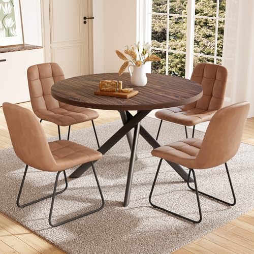 45.3 Inch Round Dining Table Set for 4, Mid Century Modern Small Coffee Set for Dining Room Kitchen Apartment (Dark Walnut Table + 4 U-Shaped Brown Chairs)