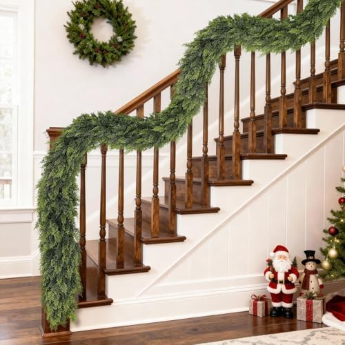 16FT Real Touch Christmas Cedar Garland - 1PCS, Artificial Pine Needles Garlands Realistic Fake Green Faux Garland for Holiday Fireplace,Table,Window,Stairs,Mante,Indoor Outdoor Decor