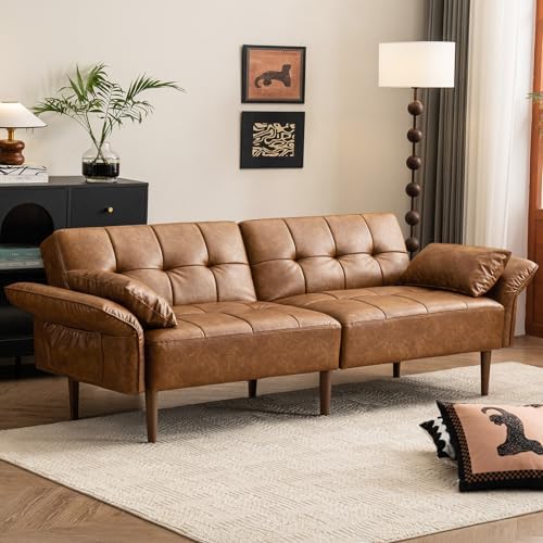 85” Futon Sofa Bed, Sleeper Sofa, Small Couch with Storage Adjustable Armrests Pillows, Faux Leather Loveseat, Mid Century Modern Couches for Living Room, Bedroom, Apartment, Brown
