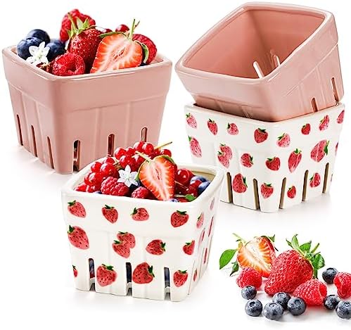 4 Pack Ceramic Berry Basket, Square Fruit Bowls, Kawaii Strawberry Kitchen Bowl Containers, Cute Stoneware Berry Colander Bins for Veggie, Berries, Fruits, Home Decor