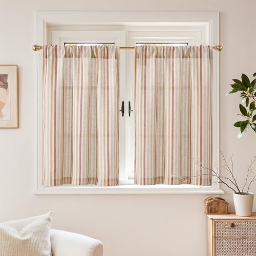 jinchan Colorful Striped Linen Kitchen Curtains Christmas Pinstripe Tier Curtains Rustic Cafe for Living Room Bathroom Half Window Curtains Light Filtering Rod Pocket 2 Panels 36 Inch Multi Red
