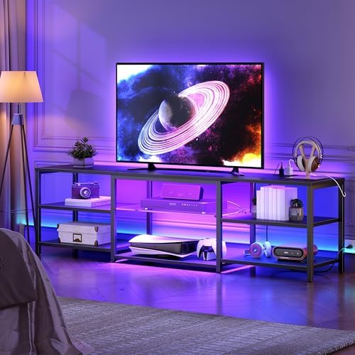 HOOBRO LED TV Stand for 75 Inch TVs with Charging Station, Gaming Entertainment Center with 3-Tier Open Storage, Long 70.1” Media TV Console Table, TV Stand for Living Room, Bedroom, Black BB22UDDS01