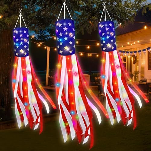 3 Pack 60 Inch Large American Flag Windsocks with Lights DIY 4th of July Decoration Red White Blue Decor Outdoor Patriotic Windsock Stars Stripes National Independence Day Outside Yard Memorial Day
