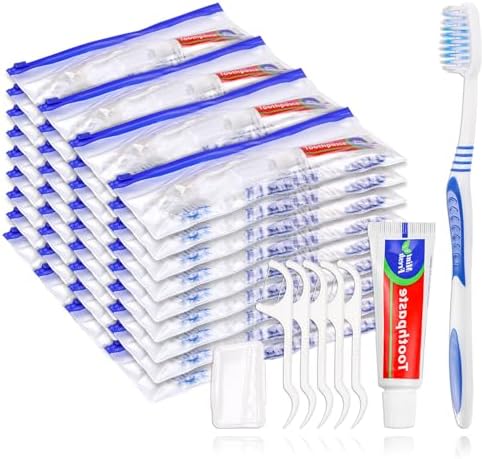 Disposable Travel Toothbrush and Toothpaste Set,Travel Kit with Plastic Zip Bag,Toothbrush Head Cover, Floss Pick,25gram Toothpaste,Bulk Toothbrush for Homeless,Travel,Hotel(15)