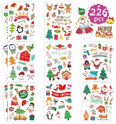 16 Sheets Christmas Theme Stickers, Merry Christmas Stickers Non-Repeating, Xmas Winter Holiday Party Stickers, Christmas Goodie Bag Fillers Christmas Party Favors Decorations