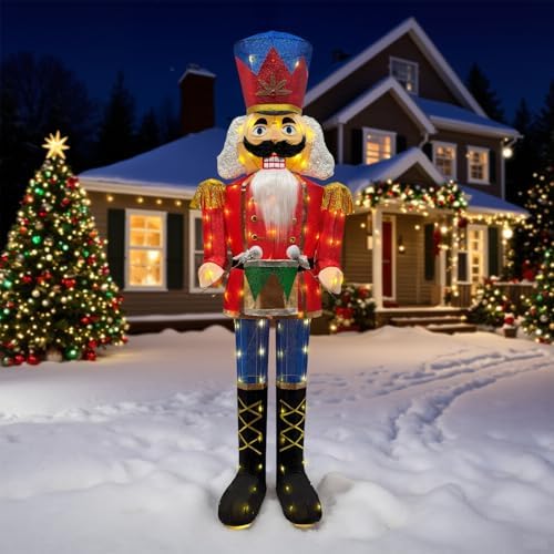 5FT Outdoor Christmas Lighted 3D Nutcracker with Drum,100 LEDs Lighted-up,Outdoor Lighted Holiday Displays with Stakes & Zip Ties for All-Weather Christmas Yard Decoration, Porch, Lawn
