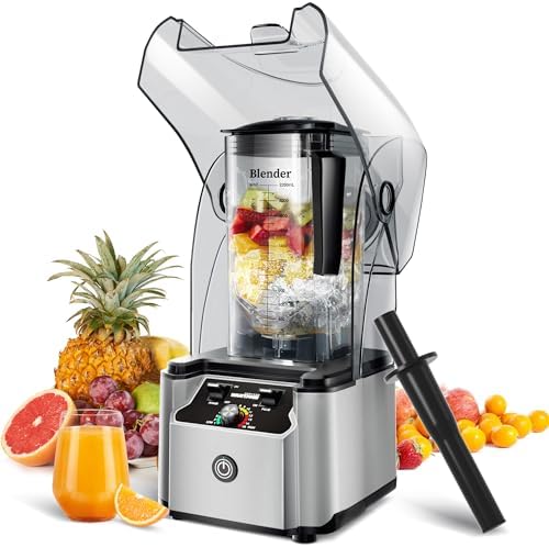 WantJoin Commercial Professional Blender With Shield Quiet Sound Enclosure 2200W Industries Strong and Quiet Professional-Grade Power, Self-Cleaning, Silver