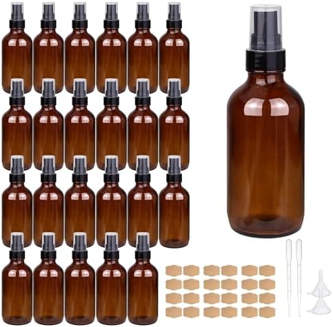 4oz Amber Glass Spray Bottles Mist Sprayer Set of 24,Empty Small Spray Bottle Fine Mist Spray Refillable Containers,Mini Travel Bottle Spray Bottle Make Perfect Oil,Perfume,Body Sprays