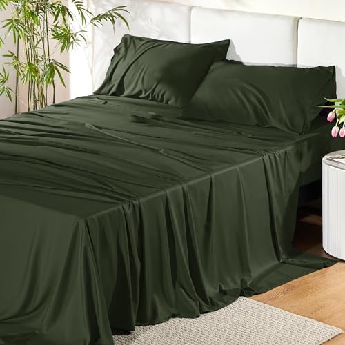 Bedsure Queen Sheet Set, Cooling Sheets for Queen Size Bed Set, Rayon Derived from Bamboo, Breathable & Soft Deep Pocket, Hotel Luxury Silky Bedding, Bedsheet & Pillowcases, Olive Green