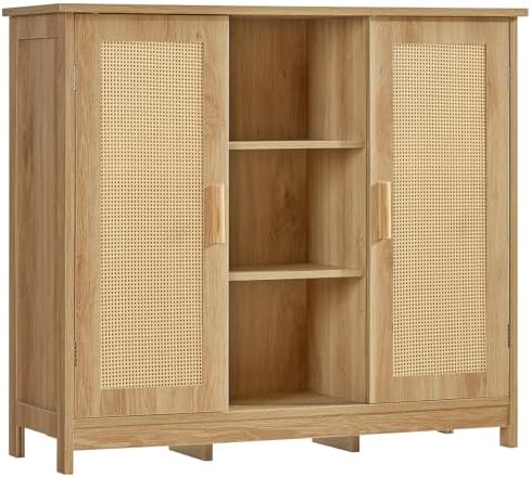 Iwell Rattan Storage Cabinet with 4 Adjustable Shelves, Coffee Bar Cabinet, Sideboard Buffet for Kitchen, Living Room, Entryway, Natural
