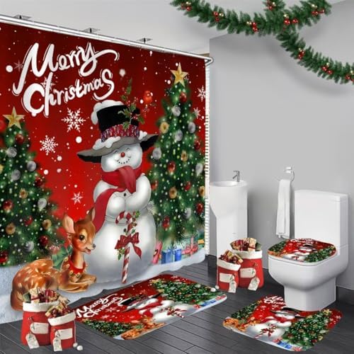 4Pcs Retro Snowman Shower Curtain Set Winter Bathroom Set with Shower Curtain and Rugs,Christmas Bathroom Decor with Bathroom Carpet Bath Mat Toilet Rugs