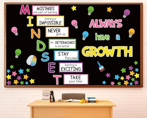Growth Mindset Bulletin Board Positive Educational Sayings Accents Decoration Inspiration Classroom Wall Display Set Colorful Poster Brain Cutouts for Teacher School Fall Thanksgiving Christmas Decor