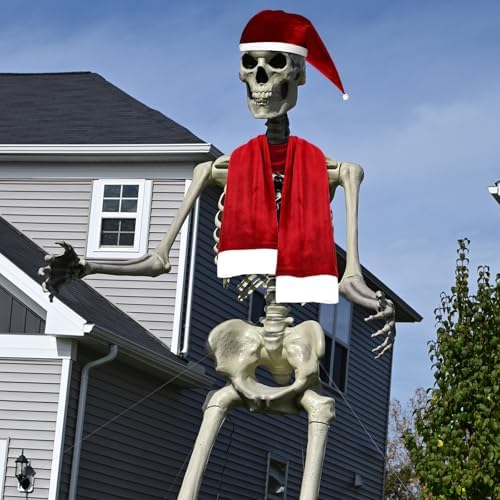 Suzile 2Pcs 12 ft Giant Skeleton Santa Scarf and Hat Set for Garden Lawn Outdoor Christmas Decor for 12 ft Skeleton Xmas Oversized Santa Costume Dress (Skeleton Not Included)
