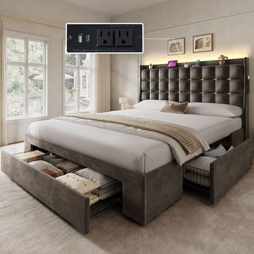 YITAHOME Queen Size Bed Frame with 3 Storage Drawers and RGB LED Lights, Velvet Upholstered Bed with Charging Station and Storage Headboard, No Box Spring Needed, Easy Assembly, Noise-Free, Grey