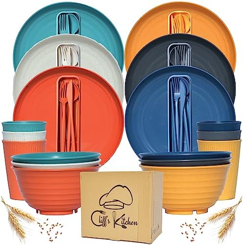 48 Pcs Wheat Straw Dinnerware Sets for 6- Unbreakable Dinnerware Set with Large Plates, Bowls and Cups-BPA Free, Lightweight, Microwave Safe Wheat Straw Plates and Bowls Sets, RV Camping Dishes