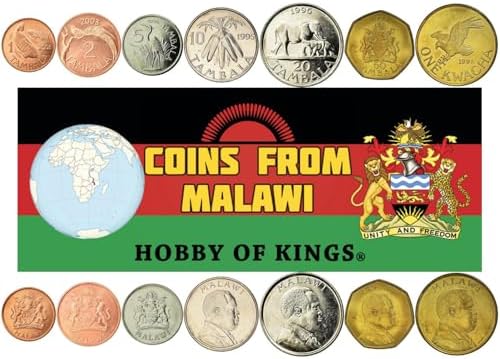 7 Coins from Malawi | Malawian Coin Set Collection 1 2 5 10 20 50 Tambala 1 Kwacha | Circulated 1995 - 2004 | Bakili Muluzi | Elephant | Pin-Tailed Whydah | Purple Heron | African Fish Eagle | Tilapia | Corn