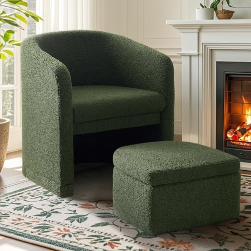 ELUCHANG Green Accent Chair with Storage Ottoman, Upholstered Barrel Arm Chair with Footrest, Modern Living Room Side Chair for Bedroom/Office/Small Space, Premium Boucle