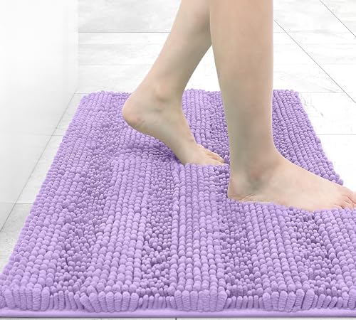 Grandaily Chenille Striped Bathroom Rugs 24x16, Extra Thick and Absorbent Bath Mats, Non-Slip Soft Plush Shaggy Shower Carpet, Machine Wash Dry, Bath Rug for Bathroom, (Small, Purple)