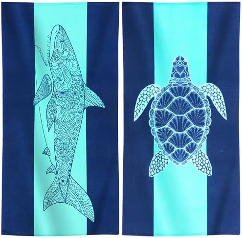 Genovega 2 Packs Oversized Beach Towel Set 36 x 72 in Large Big Pool Camping Swim Clearance Soft Towels Travel Essentials Accessories Must Haves Vacation Necessities Adult Gifts Shark Turtle