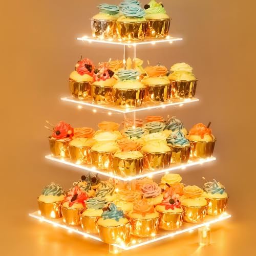 4 Tier Acrylic Cupcake Display Stand, Cupcake Tower Stand with Light, Cupcake Tier Stand for 50 Cupcakes, Clear Cupcake Stands for Weddings, Birthdays, Party, Graduation