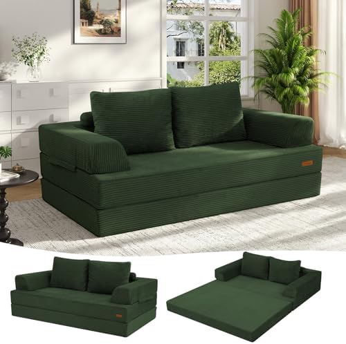 COMAX Convertible Sofa Bed, Folding Floor Couch Corduroy Fold Out Couch Bed Futon Sleeper Mattress with Pillows, Boneless Sofa Comfy Lounge Loveseat for Living Room Bedroom, Green