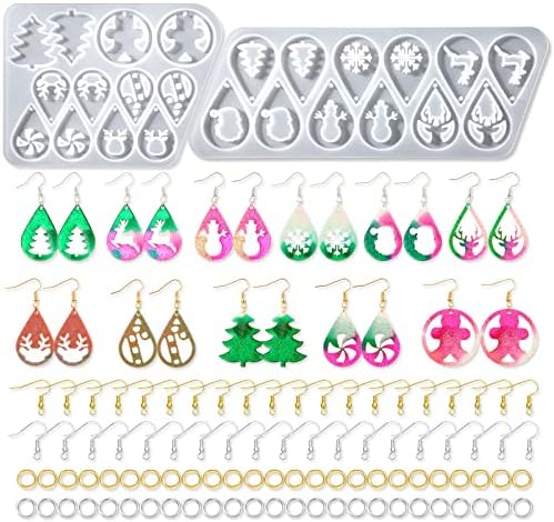 12 Pair Christmas Earring Mold Resin Silicone with Earring Hooks and Jump Ring Earring Casting Mold for Christmas Tree Elk Snowflake Resin Earring Keychains Epoxy Craft Xmas DIY Jewelry Making Kit
