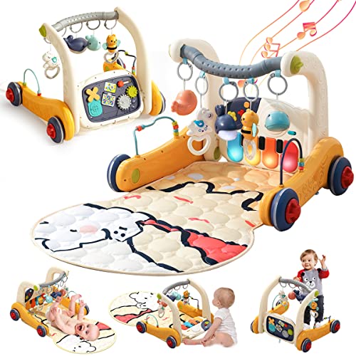 Baby Play Mat Gym,4-in-1 Baby Kick and Play Piano Tummy Time Mat Learning Walker-Musical Activity Center with Lights Seat and Push Walkers Ideas for Baby Newborn 0-6-12 18 Months Boy Girl