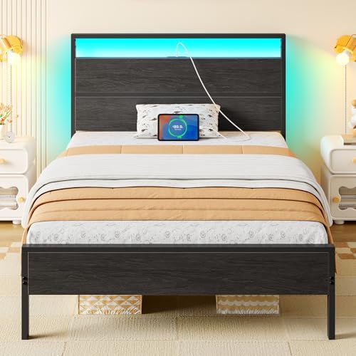 Rolanstar Twin Bed Frames with Headboard, Twin Bed with LED Lights, Camas Twin Size Bed with Charging Station, Solid Metal Slats, Noise Free, No Box Spring Needed, Black