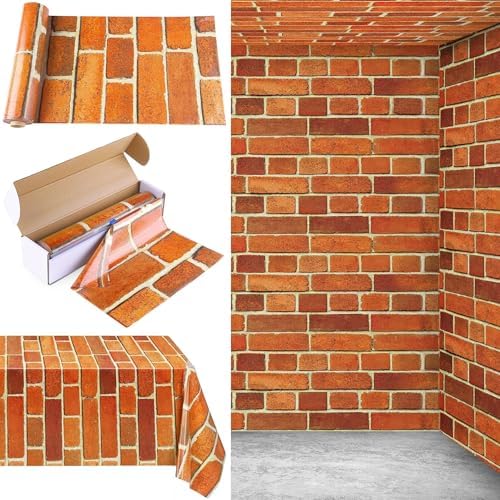 100 Ft x 54 Inch Retro Red Brick Wall Backdrop Tablecloth Roll with Cutter Box Disposable Vintage Stone Brick Door Wallpaper Tablecover for Christmas Halloween Birthday Party Decorations
