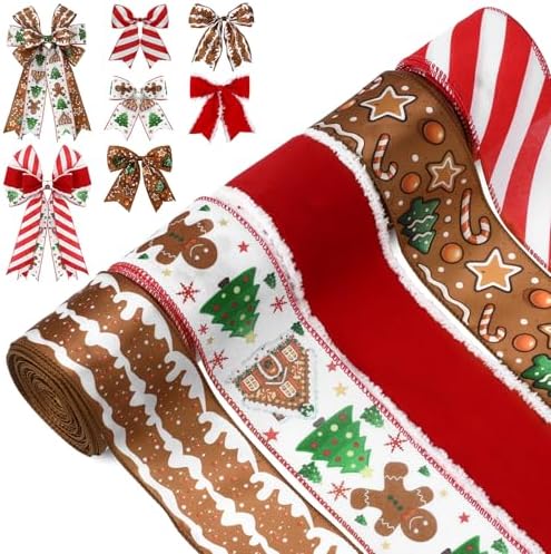 Christmas Wired Ribbons 2.5 Inch 5 Roll 30 Yards Gingerbread Red Green Plaid Christmas Ribbon Wired Edge to Shape for Xmas Tree Decorations Wedding Gifts Packaging Bow DIY Crafts