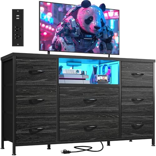 Black Dresser TV Stand for 55'' with LED Lights & Charging Station, Dresser for Bedroom with 8 Drawer, Chest of Drawers with Open Shelves, 6 Adjustable Feet, Hallway, Entryway